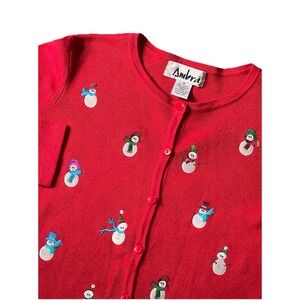 Vintage Ambra Christmas button ‎ cardigan sweater M Red Snowman Holiday Grandma